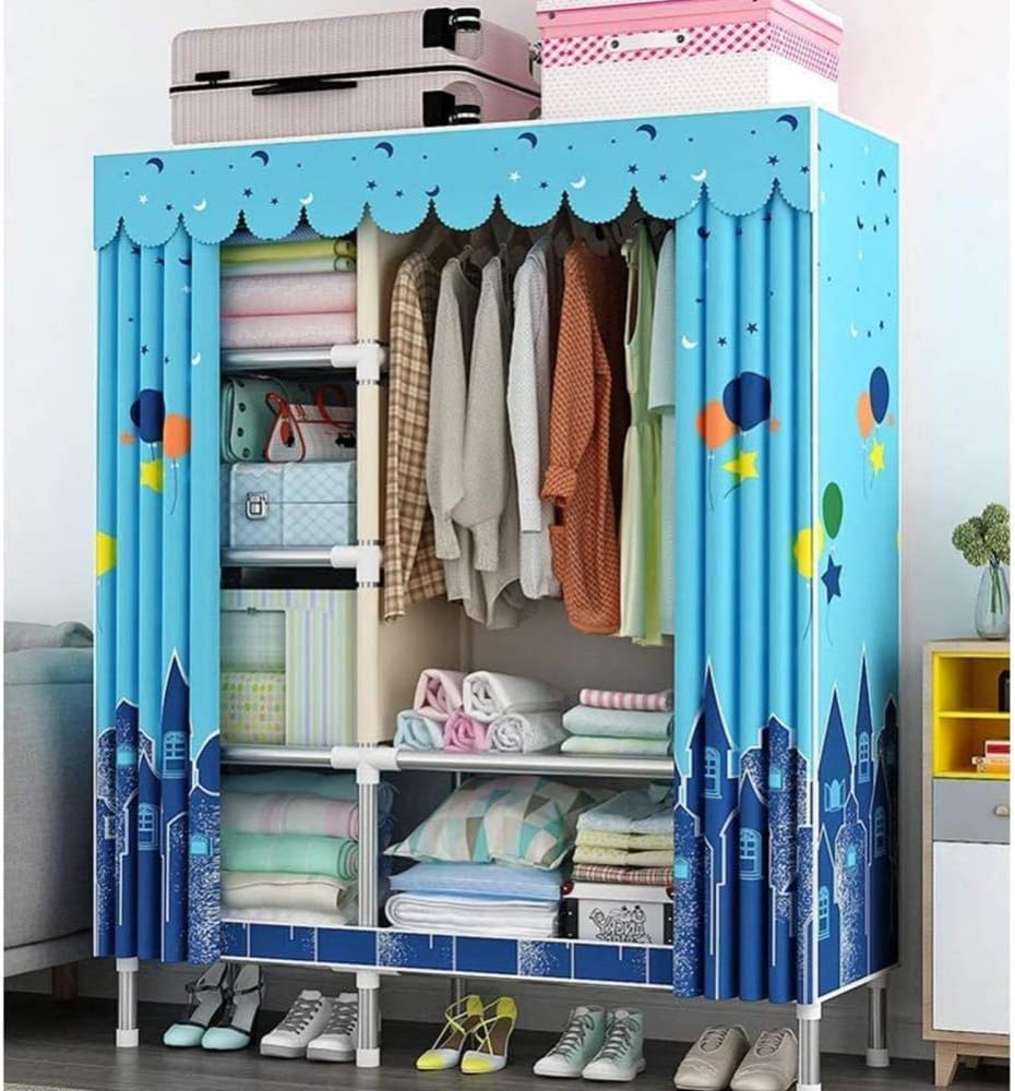 Fabric Wardrobes Portable Closet Wardrobe 22cm Thick Steel Pipe with Hanging Rod and 6 Shelve for Bedroom, Study, Clothes, Shoes, Toys,B