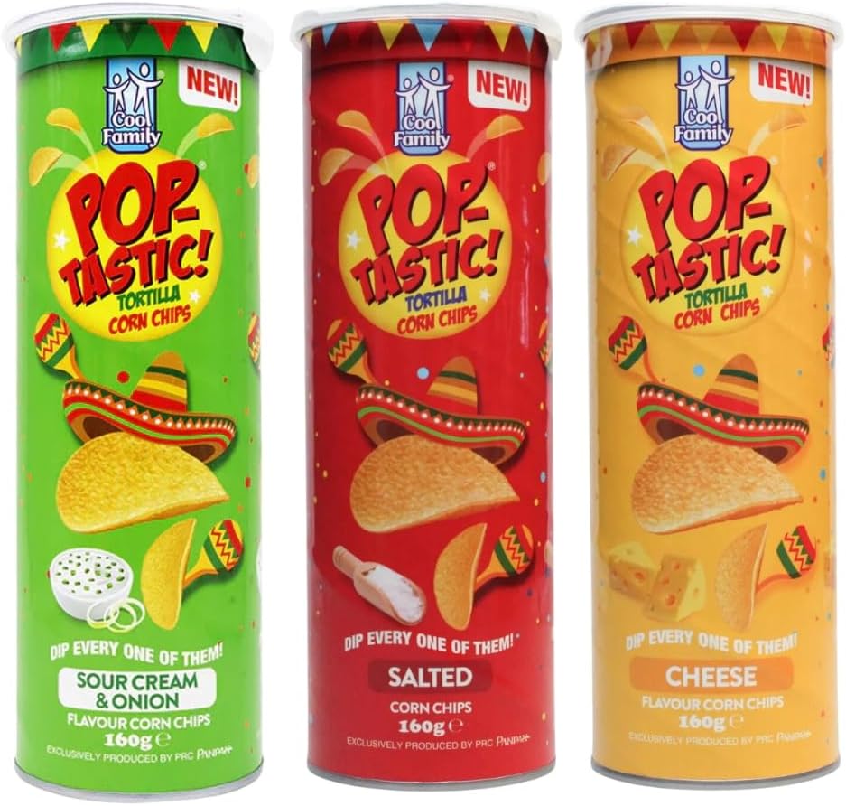 Pop-Tastic Tortilla Corn Chips Bundle - Salted, Cheese, and Sour Cream & Onion, Perfect for Sharing, 160g (Pack of 3)