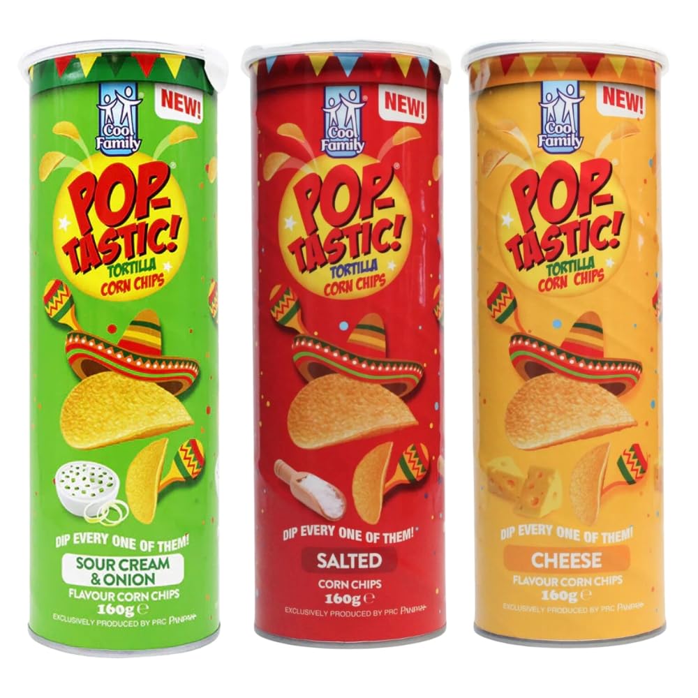 Pop-Tastic Tortilla Corn Chips Bundle - Salted, Cheese, and Sour Cream & Onion, Perfect for Sharing, 160g (Pack of 3)