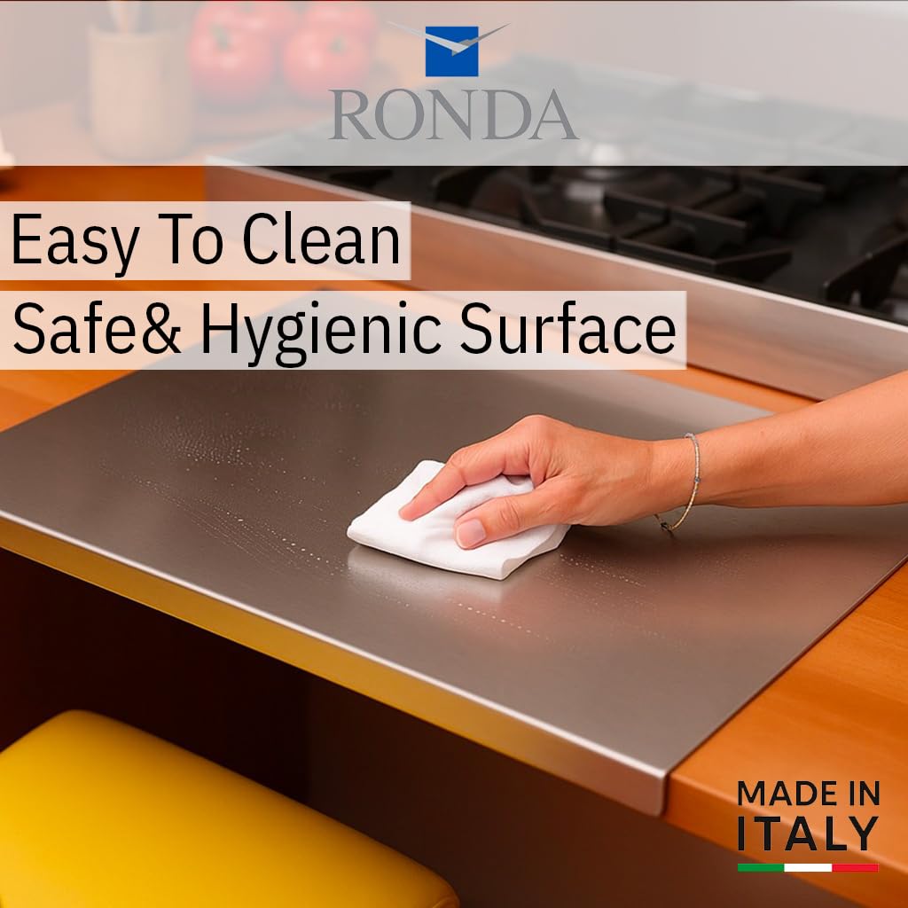 RONDA Tagliere Spianatoia Acciaio Inox 60x50 cm - Piano da Lavoro Alimentare Professionale, Antibatterico e Antiscivolo con Piega 2 cm per Impastare Pizza, Pane e Pasta - Made in Italy