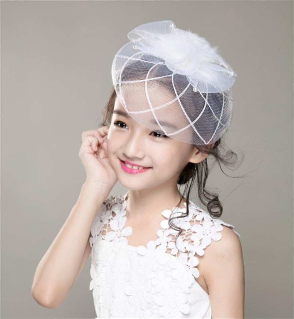 Children Girls Lady Feather Net Hat Veil Vintage Hair Accessories with Clip