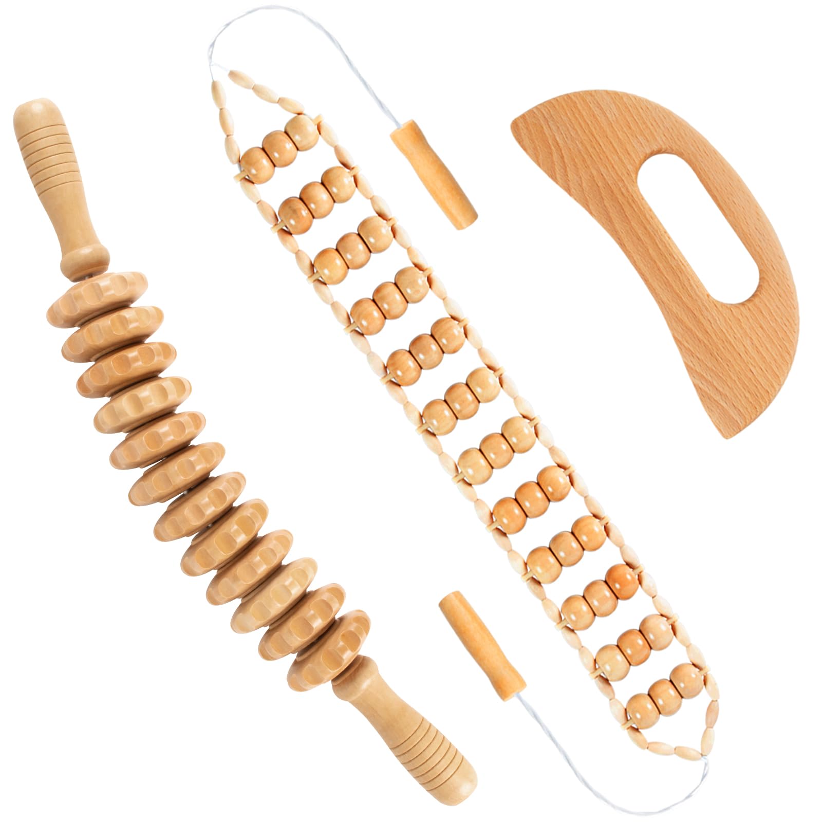 3 in 1 Wood Therapy Massage Tools Maderoterapia Kit Lymphatic Drainage Massager Gua Sha Wooden Massage Tool Body Sculpting Tools for Body Contouring and Shaping, Muscle Pain Relief, Anti-Cellulite