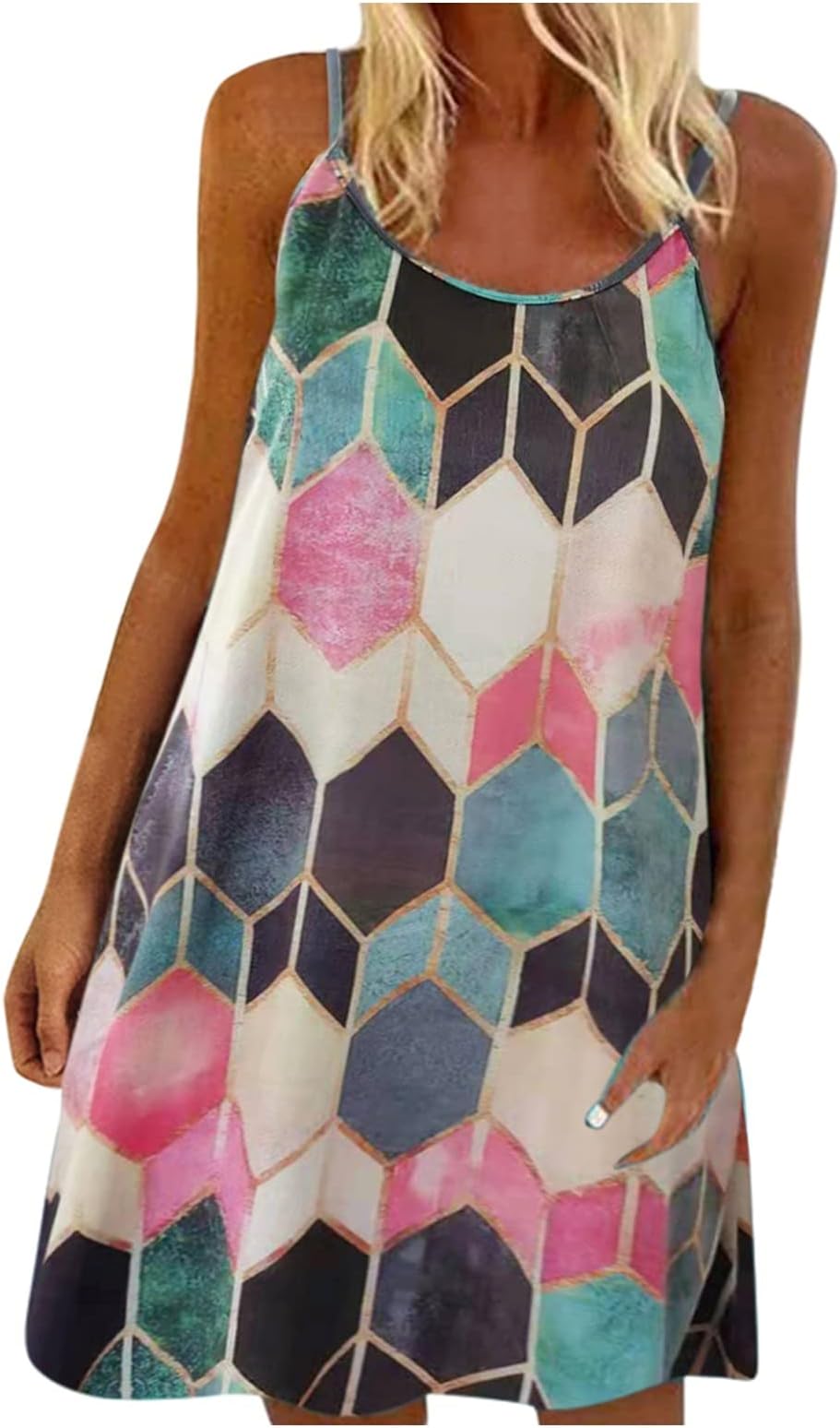 XWANG Summer Dresses Women's Casual Sleeveless Round Neck Beach Dresses Flowers Printed Strap Dress Short Dresses T-Shirt Dress Knee-Length Casual Dress Mini Dress - Multicolour - L
