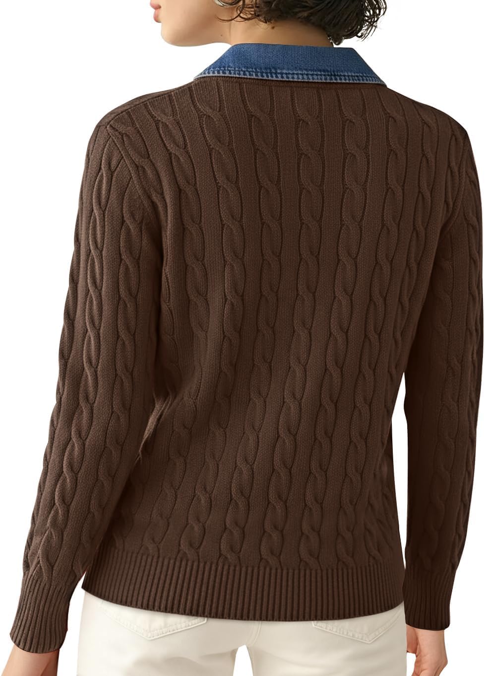 SAUKOLE Sweaters for Women Denim Lapel V Neck Buttons Closure Casual Long Sleeve Cable Knit Loose Pullover Sweater - Image 6