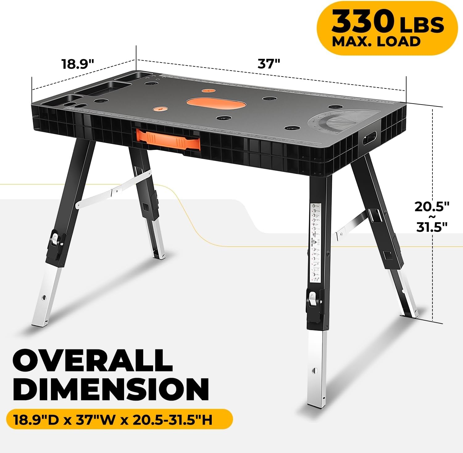 Auto Dynasty 3-in-1 Folding Workbench Portable 150kg(330lbs) Capacity Work Table/Saw Horse/Scaffold/Car Creeper/Dolly Mode with Side Chargers and Adjustable Height for Garage, Carpentry, and Workshop