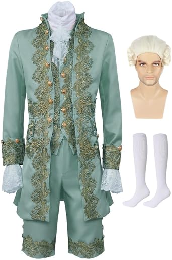 Medieval Rococo Court Style Prince Suit with Socks Wig Mens Victorian Costume Set Embroidered Fancy Dress