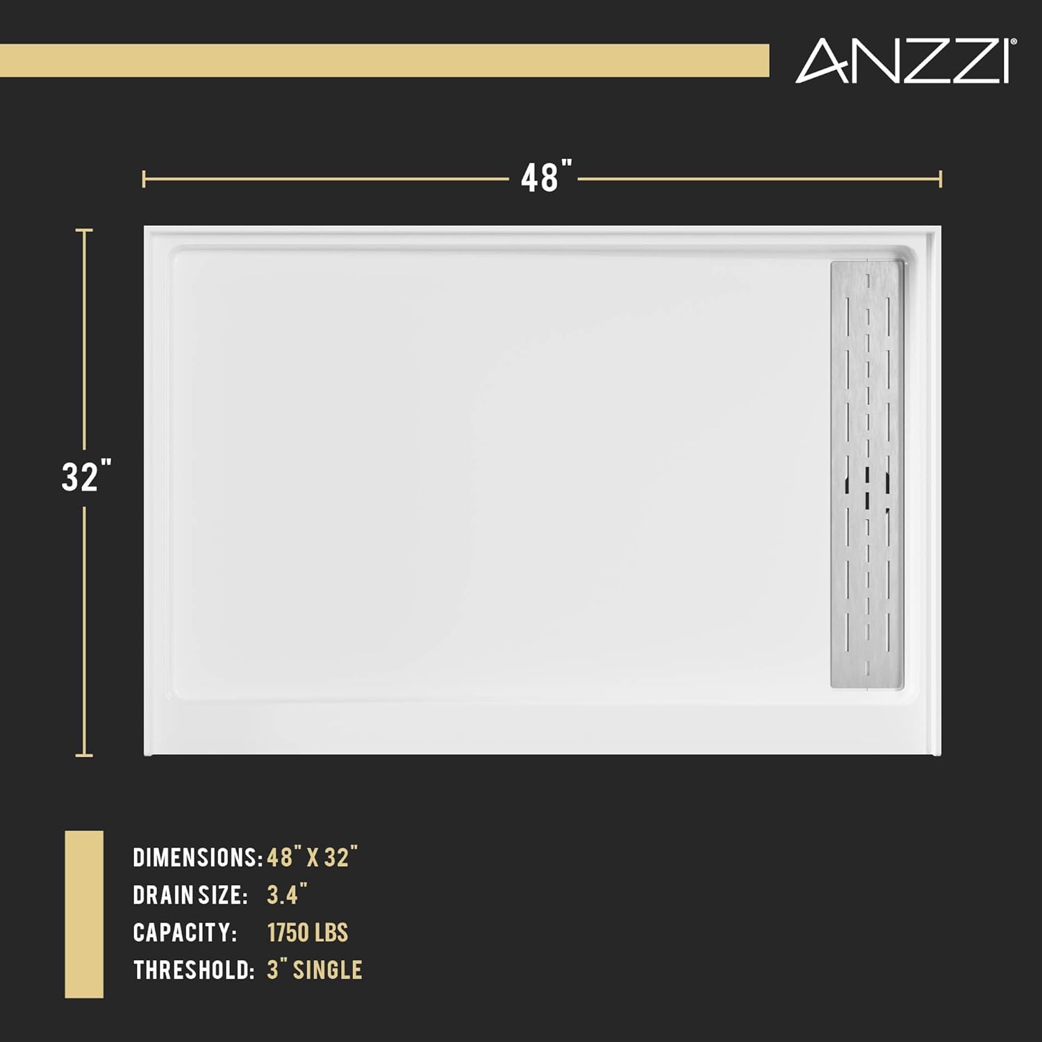 ANZZI Alexander Shower Base - 48 in. x 32 in. Right Drain Shower Base Single Threshold in Glossy White, Marine Grade Acrylic and High Yield Fiberglass, SB-AZ103R