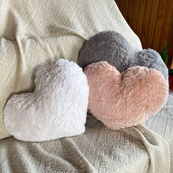 Heart-Shaped Plush Decorative Pillows, Set of 3, White Pink Grey, Soft Fluffy Cushions-image-29