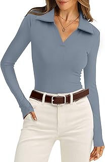 Womens Polo Shirts Long Sleeve Business Casual Tops Collared V Neck Ribb...