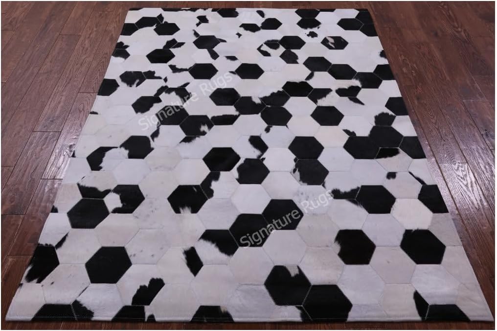 Handmade Premium Cowhide Leather Area Rug, Gray and Ivory Geometric Hexagon Pattern Carpet (Ivory/Black/White, 9'6"x14'0)