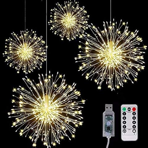 4Pack Firework Lights Led Starburst Lights String USB Powered with Remote, 8 Modes, Timer, Dimmable, Led Christmas Sparkle Lights for Home/Garden/Wedding/Party/Festive Decoration (Warm White) Cover
