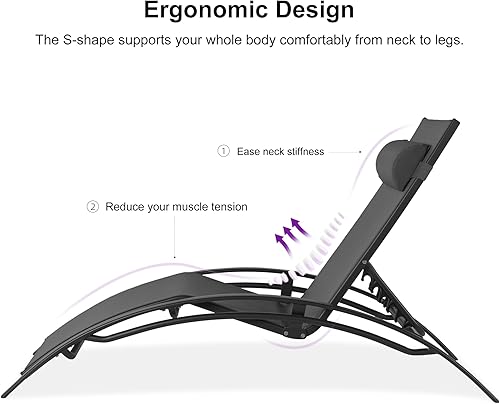 Miniatura 76 de PURPLE LEAF Juego de tumbona para patio, sillón al aire libre, playa, piscina, tumbona para tomar el sol, tumbona reclinable, sillas de bronceado