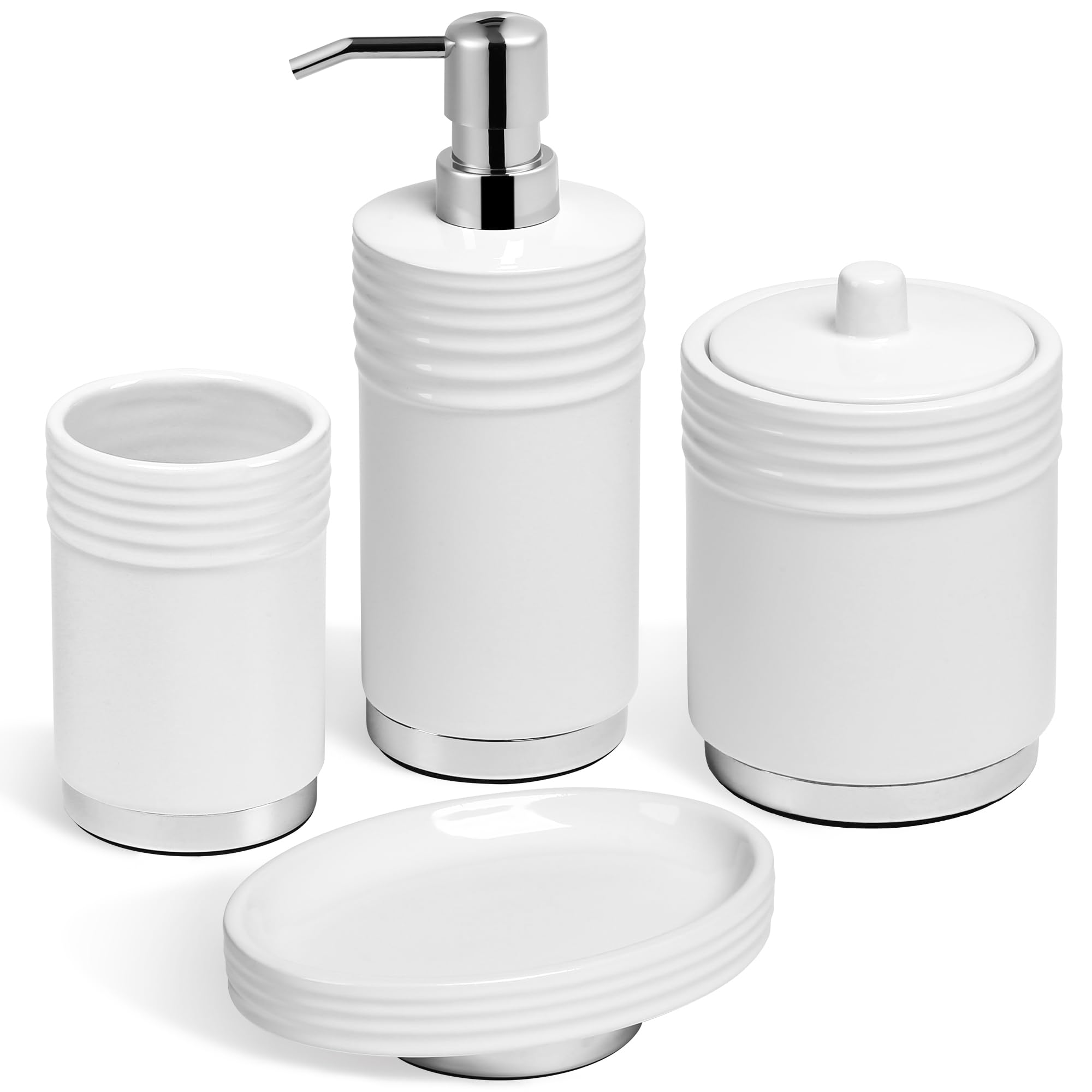 Bathroom Accessories Set 4 Pieces Ceramic Bathroom Accessory with Metal Base Set Contain Soap Dispenser Cotton Swab Jar Toothbrush Cup Soap Dish