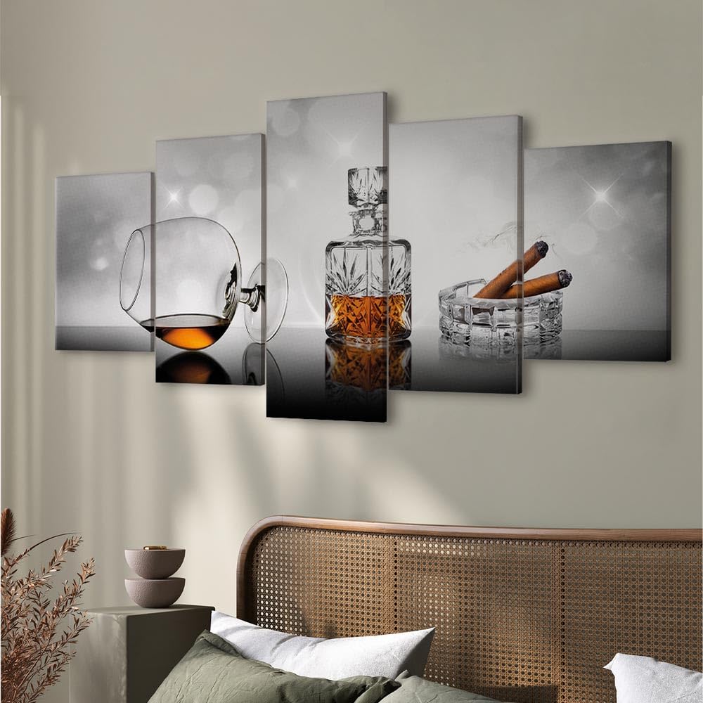 B&D Akustikbild-Set 'Zigarre & Whisky' – 5-teilig, 100x50 Cm, Schallschutz-Wandbilder Mit Akustikschaum, Holzoptik