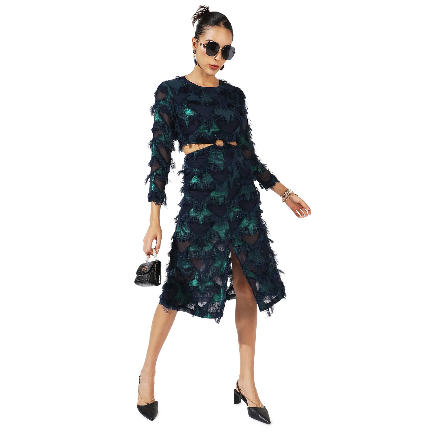Campus Sutra Women's Green & Blue Cutout Fringe Dress For Casual Wear | Long Sleeve | Midi Length | Dress Crafted With Comfort Fit And High Performance For Everyday Wear