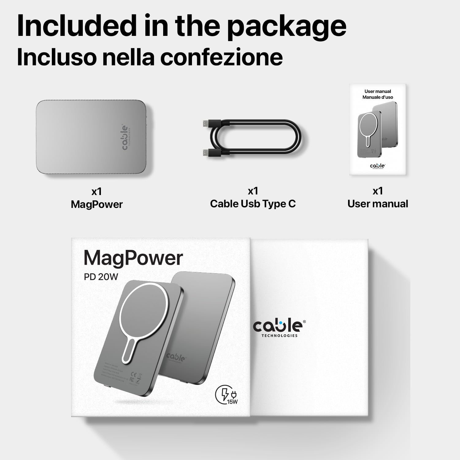 Cable Technologies MagPower powerbank magnétique sans Fil 5000mah PD20W USB-C Ultra Mince, Léger, Charge Rapide, Batterie Externe Power Bank Chargeur Portable Universel pour iPhone, Samsung, etc