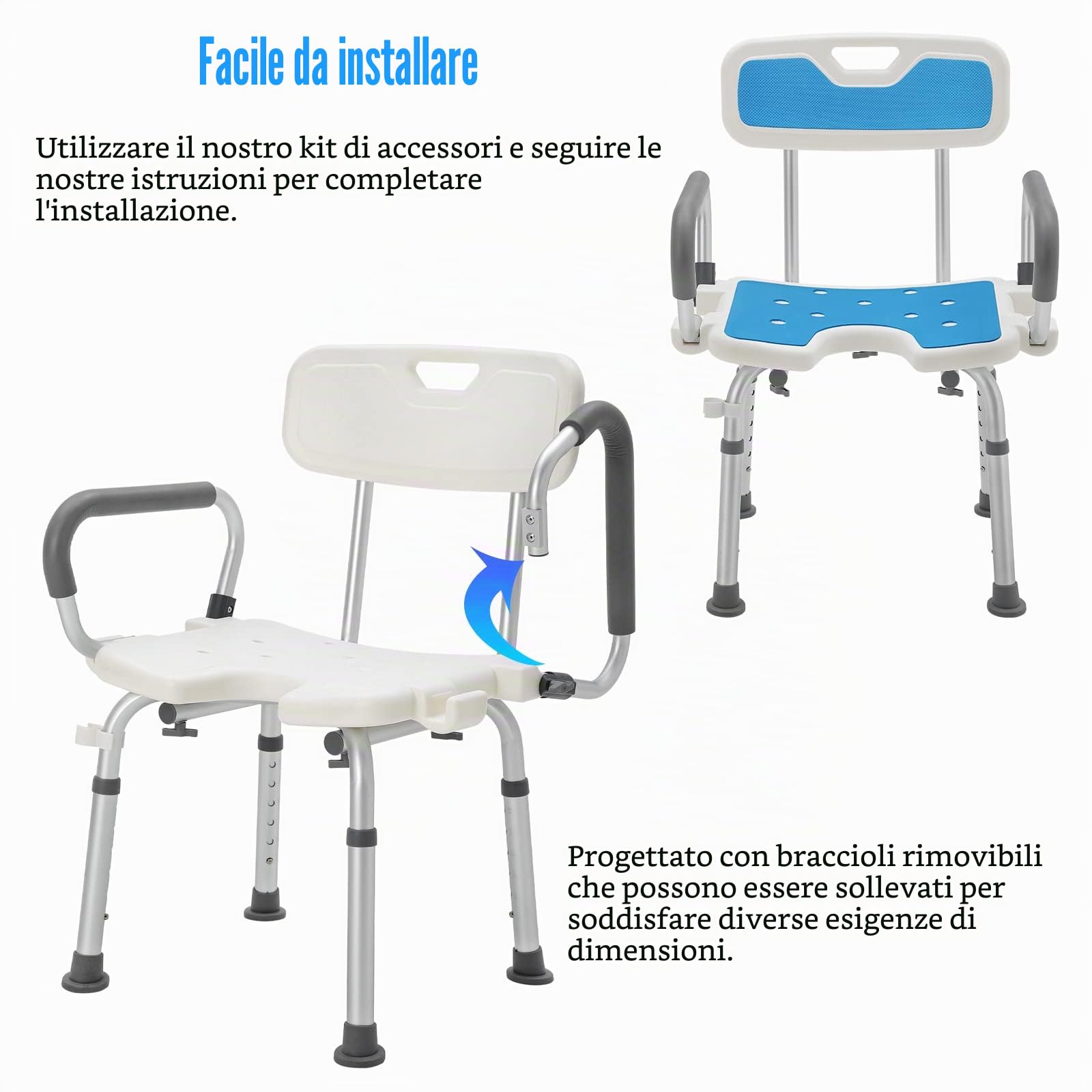 Aufun sedia da doccia con schienale e bracciolo rimovibili, antiscivolo, sgabello da doccia regolabile in altezza, sedia da doccia per anziani - Typpe A