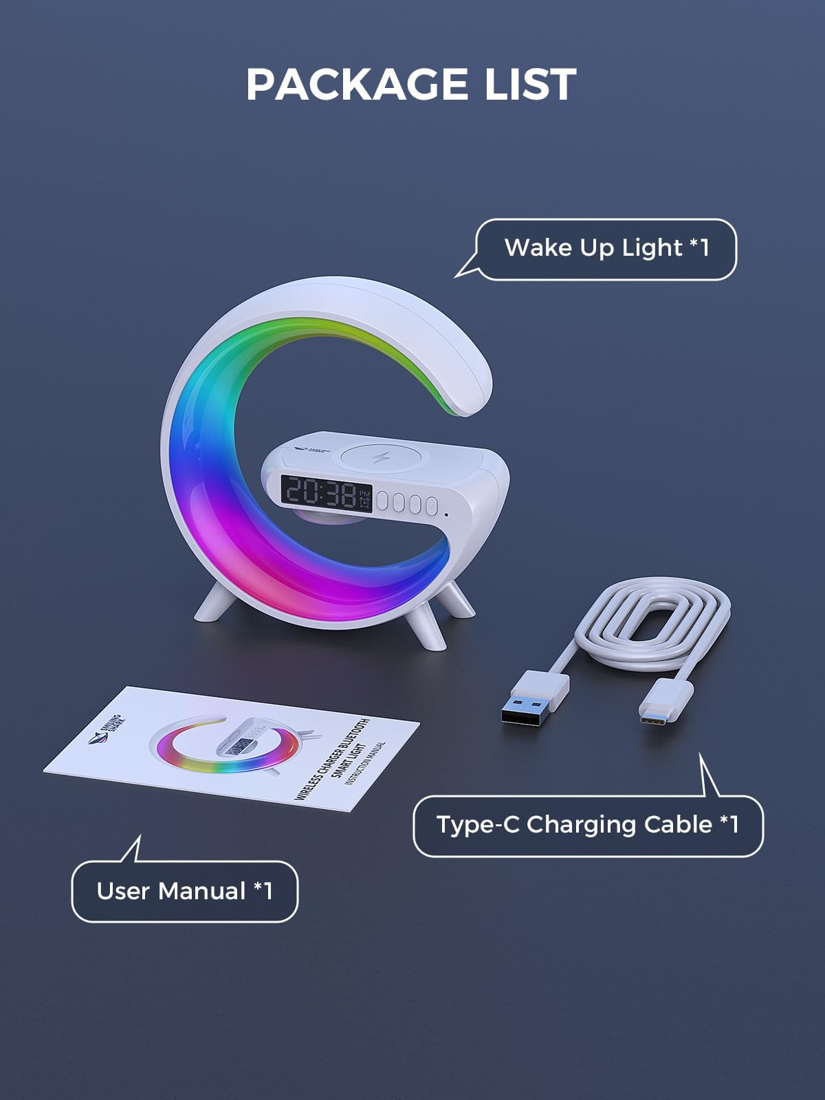 Smiling Shark Despertador Luz, Atmósfera Lampara Cargador Inalámbrico con Altavoz Bluetooth Botón Control 10 Modo de Luz Amanecer Simulación Inteligente LED Luces de Despertador para Decoración Hogar