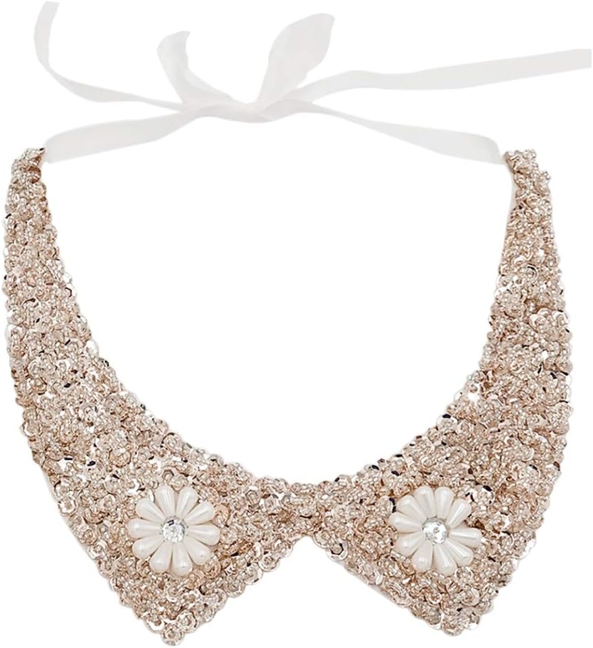 Joyci Vintage Sequins Detachable Shirt False Collar Cloth Accessory (Sequin B White)