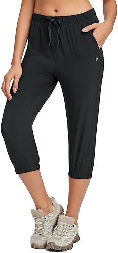BALEAF Pantalones capri para mujer, ligeros, de secado rápido, para senderismo, correr, entrenamiento, casual, UPF 50+, bolsillos con cremallera