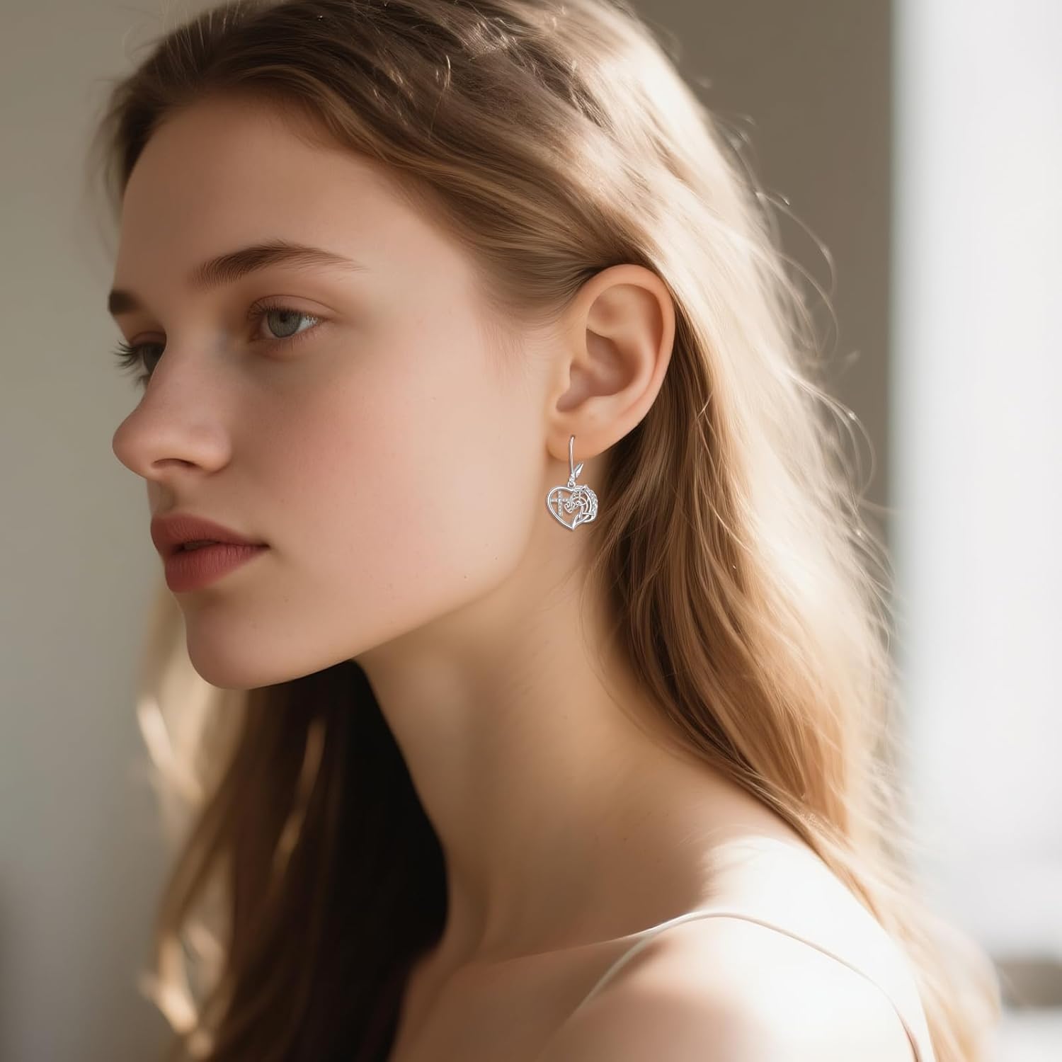 URONE Cross Horse Earrings 925 Sterling Silver Heart Cross Horse Dangle Earings Jewelry Good Luck Gifts for Women - Image 2