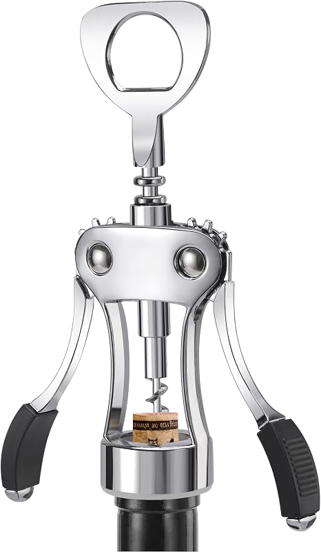 KORCCI Abridor de vino, Sacacorchos de ala de aleación de zinc resistente, Abridor de botellas de cerveza premium, Accesorios de vino multifuncionales con mango ergonómico y tornillo afilado, para cocina, bar, restaurante (PLATA)