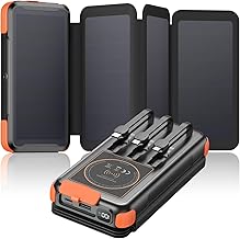 Bilivein Solaire Batterie Externe 25000mAh – Chargeur Solaire Power Bank sans Fil avec 3 Câbles et 4 Panneaux Solaires - 20W Charge Rapide PowerBank avec USB C - Lampe de Poche pour l'extérieur