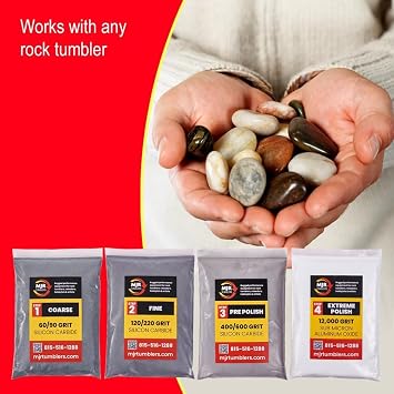 Rock Tumbler Grit Kit Refill with 12,000 Grit Polish, Silicon Carbide & Aluminum Oxide, Stone Polishing Kit with Plastic Pellets for 12lb Rotary & Vibratory Tumblers