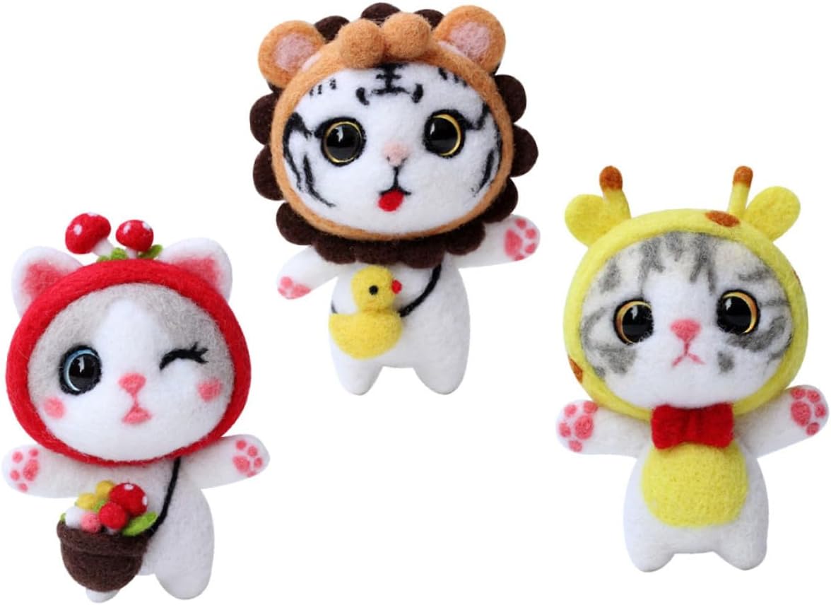 IWOWHERO 3 Sets Needle Felting Kit for DIY Cartoon Cat Doll Making with Felt Needles and Punch Embroidery Tools Beginner Friendly Craft Supplies for Adorable Handmade Animal