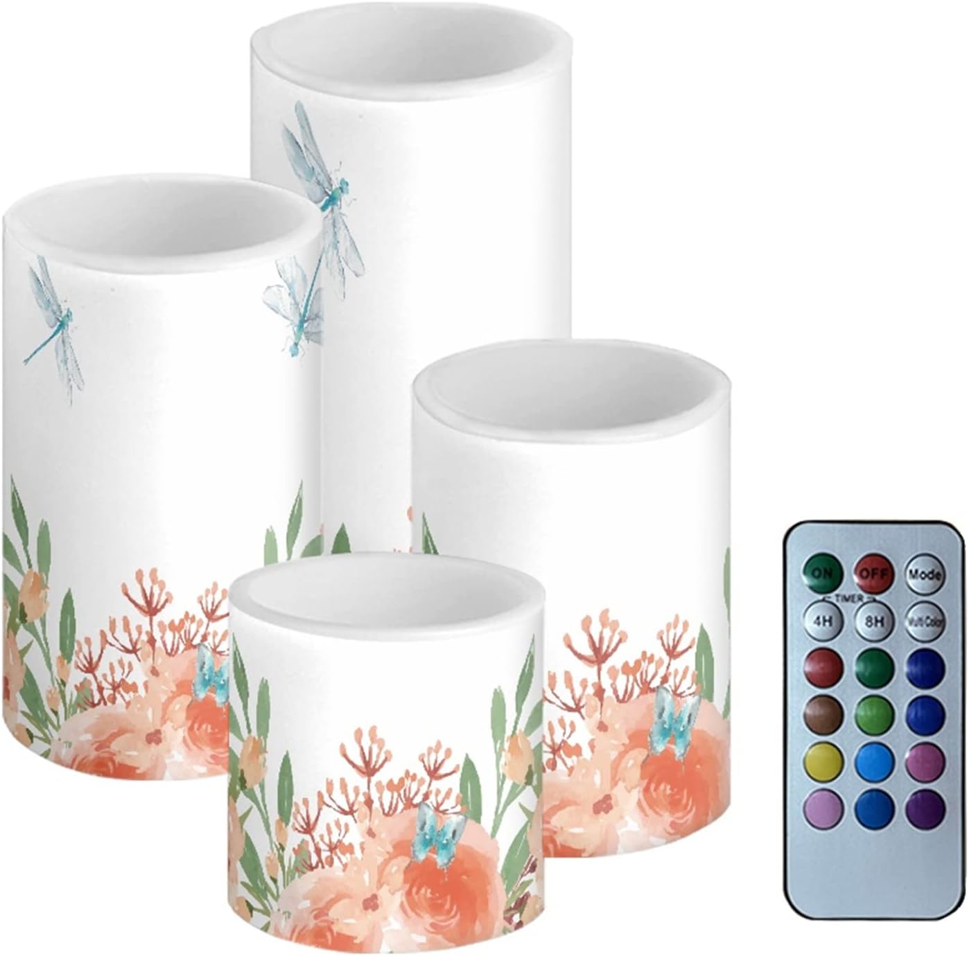 Cozeyat Hummingbird Flower Blue Flameless LED Candles Set of 4,Battery Operated Flickering Electric Real Wax Pillar Tealights 12 Colors for Wedding,Holiday,Birthday,Parties Decor