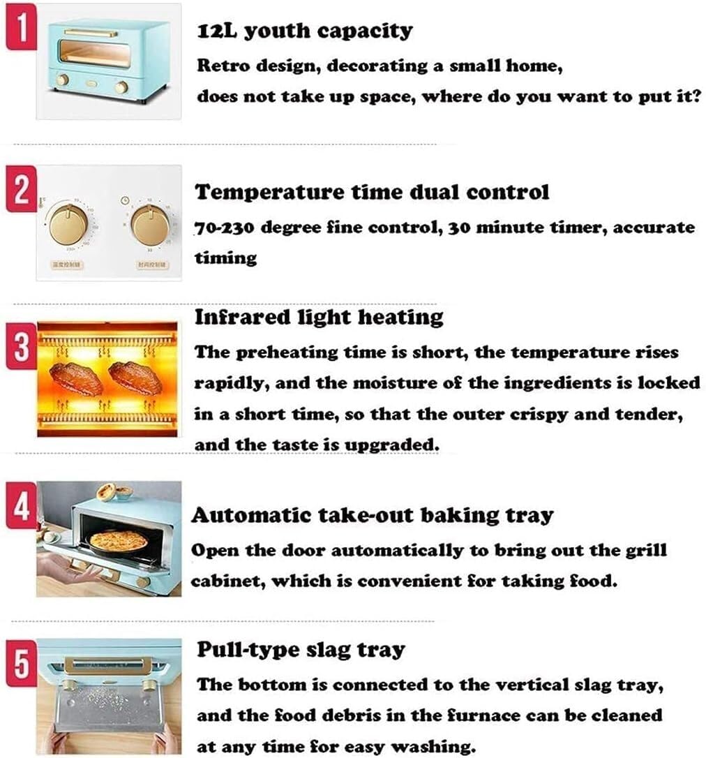 Forno tostapane, Mini da 12 Litri, Piano Cottura Elettrico e Grill, Piccolo for Domestica, Timer, Porta a Doppio Vetro, Calore Superiore Inferiore, for Tostapane Banco a Convezione 1000 W (Blu)(Blue)