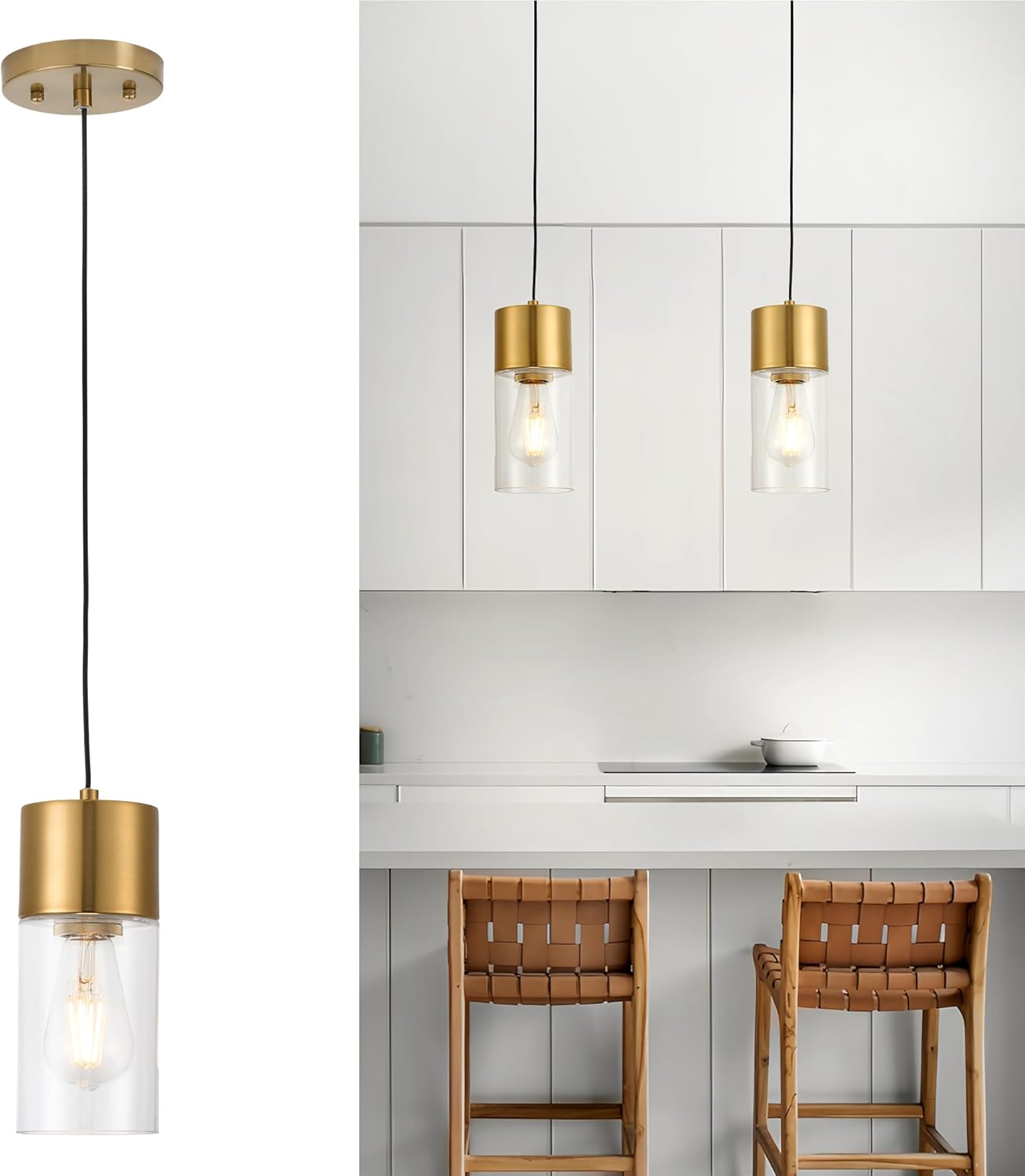 Gold Pendant Lights for Kitchen Island - Cylinder Pendant Lighting Fixture with Glass Shade - Modern Haning Light Fixture, H2516-BG
