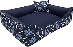 Cama Caminha para Pet Cachorro Gato Grande 70x60 com Zíper Lavável e Fundo Impermeável (Azul Ossinhos e Patinhas)