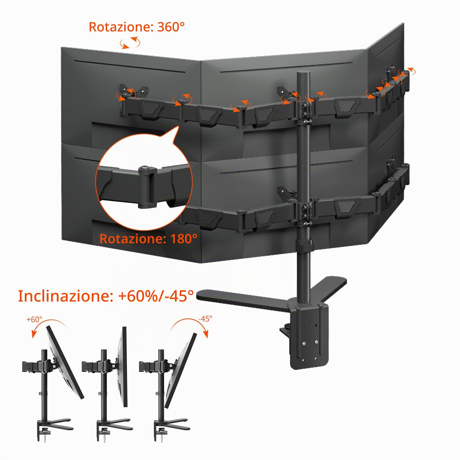 Supporto 6 Monitor de 13 à 27 Pollici Braccio per Monitor Carico massimo di 9 kg per schermo, Rotazione di 360 gradi, Due metodi di installazione X35 6P
