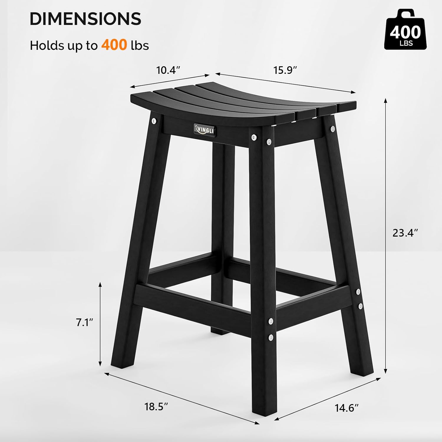 VINGLI 24" Outdoor Bar Stools Set of 2, HDPE Weather-Resistant Patio Bar Stools Heavy Duty Counter Height Bar Chairs for Patio Kitchen Counter Porch and Balcony (Black, 2 PCS)