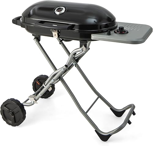 Miniatura 9 de Giantex Parrilla de gas, parrilla de propano portátil con quemador de 15,000 BTU, mesa auxiliar, 2 ruedas, bandeja de grasa, marco de metal,