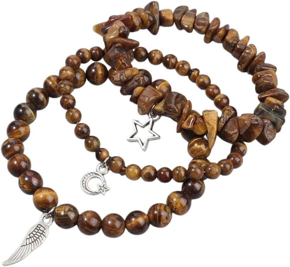 Genuine Gemstone 3-Piece Stacking Bracelet Set for Women, Handcrafted Crystal Bead and Chip Stone Bracelets with Star Moon Wing Charms, Boho Stretch Jewelry Collection for Meditation Yoga Gifts
