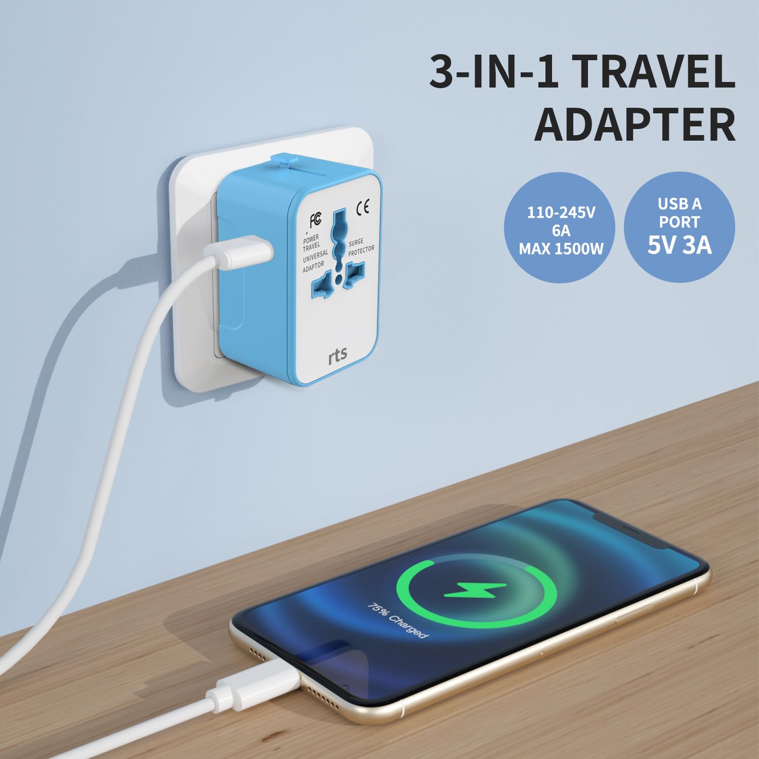 rts Universal Travel Adapter, (Dual Type C) 2 Type C 1 USB Plug International All in One Worldwide Travel Power Plug Adapter Suitable for 200+ Countries Wall Charger for USA EU UK AUS European — Amazon image 3