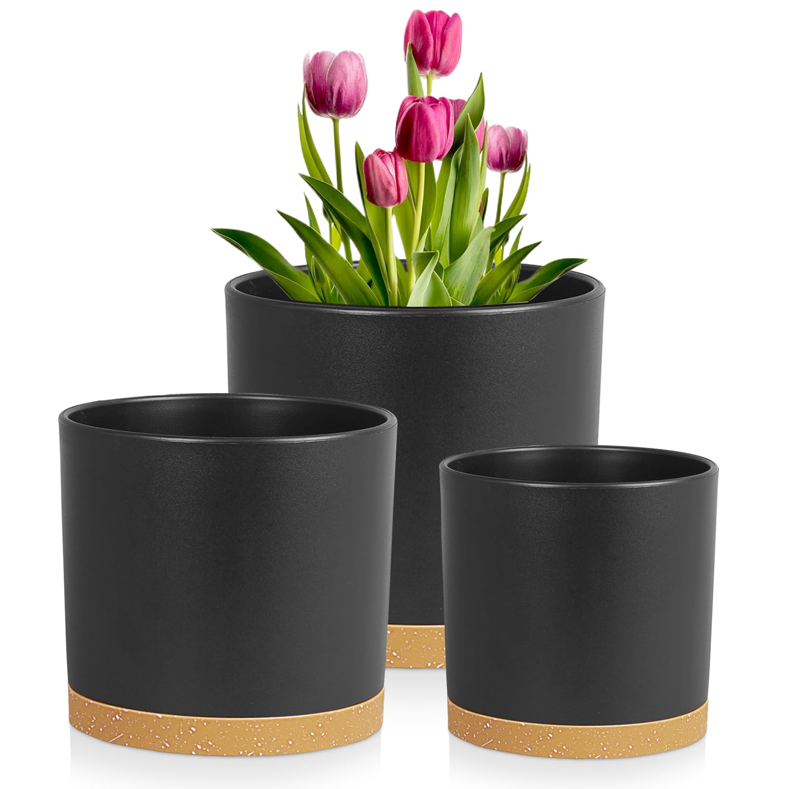 Meowell 8/7/6 inch Flower Pots, 3 Pack Cylinder Plant Pots for Outdoor Indoor Plants, Decorative Plastic Planters with Drainage Holes and Saucers for