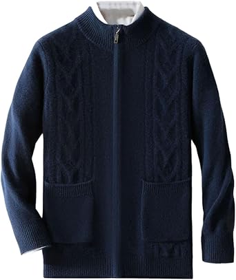 Men Thickened 100 Percent Merino Wool Sweater Business Casual Zipper Mock Collar Cardigan Coat Warm Knit Jacket Winter