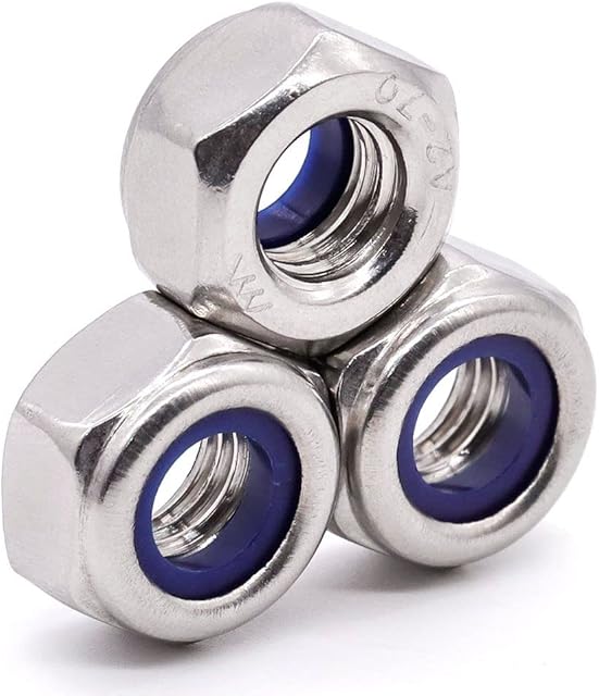 Glvaner M6-1.0 Thread Size (50 pcs) Stainless Steel Hex Locknuts Lock Nuts Hexagon Locknuts with Blue Nylon Insert 304 Stainless Steel 18-8 Full Thread Coarse Thread UNC, DIN985