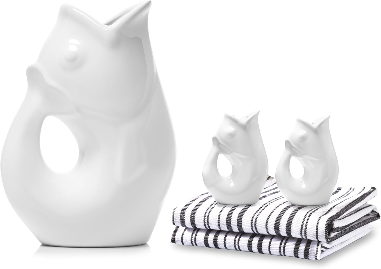 Gurgle Pot Fish Pitcher Combo Gift Set, Large 42oz Pitcher, Matching Salt & Pepper Shakers with Kitchen Towels. Decorative Pitcher That “Gurgles” When You Pour (Black Stripe Towels)
