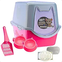 Caixa de areia para Gatos Toalete Rosa Petliz Banheiro Bandeja Sanitário Higiênico Facil Limpeza com Comedouros e Pá
