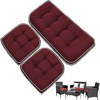 Waterproof Wicker Chair Cushions of 3 Pieces Piped Edges Premium Thick Cushions, All Weather Outdoor Loveseat Cushions for Patio Seat, 1 Loveseat and 2 U-Shaped Cushions, Red