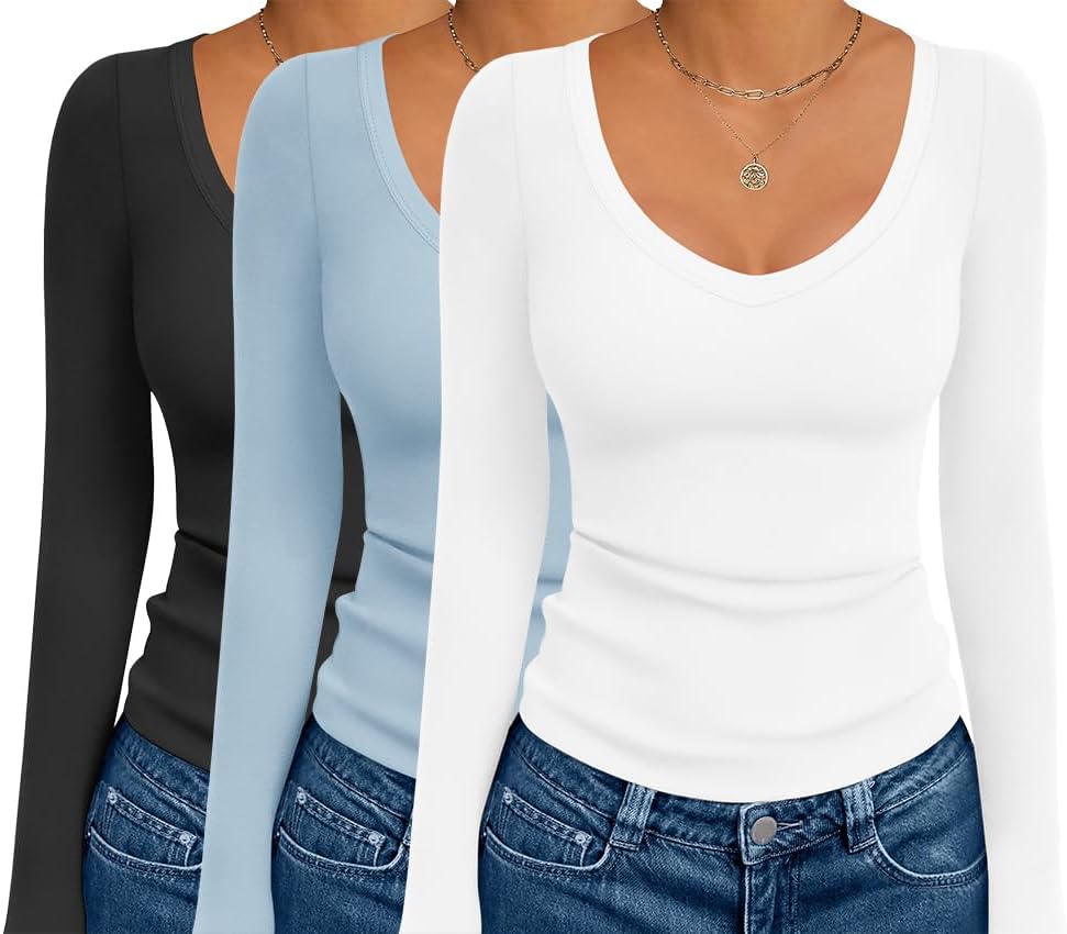 Ekouaer 3 Pack Long Sleeve Shirts for Women Deep V Neck Basic Thermal Tops Base Layer Undershirts XS-XXL