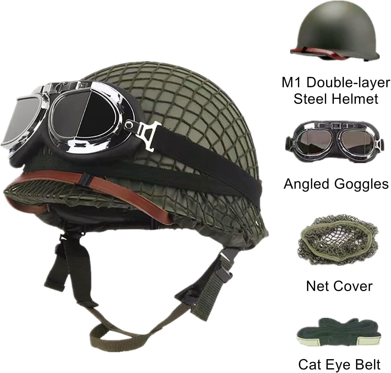 Airsoft Outdoor WW2 US M1 Casque d'extérieur avec lunettes de champ en acier avec filet et ceinture œil de chat (vert)