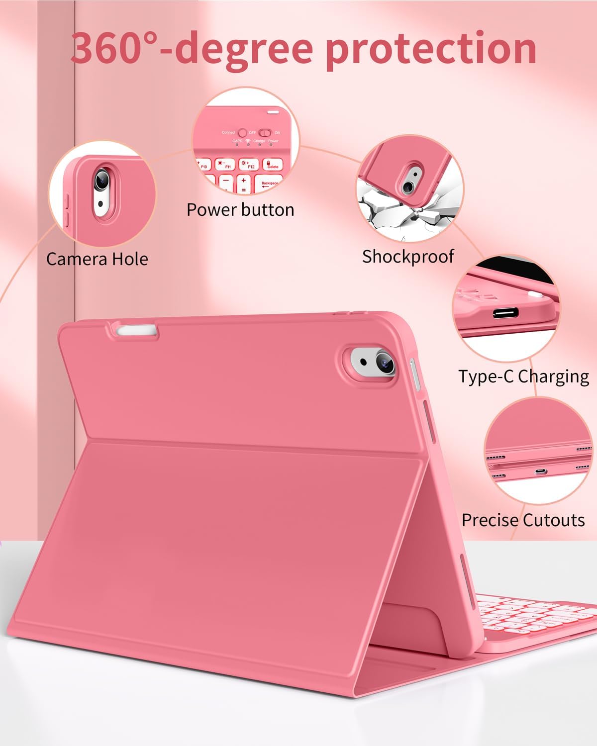 for iPad (A16) 11th 10th Generation Case with Keyboard - 7 Colors Backlit Wireless Detachable Folio Keyboard Cover with Pencil Holder for iPad 11/10.9 inch 2025/2022 (Pink) - Image 3