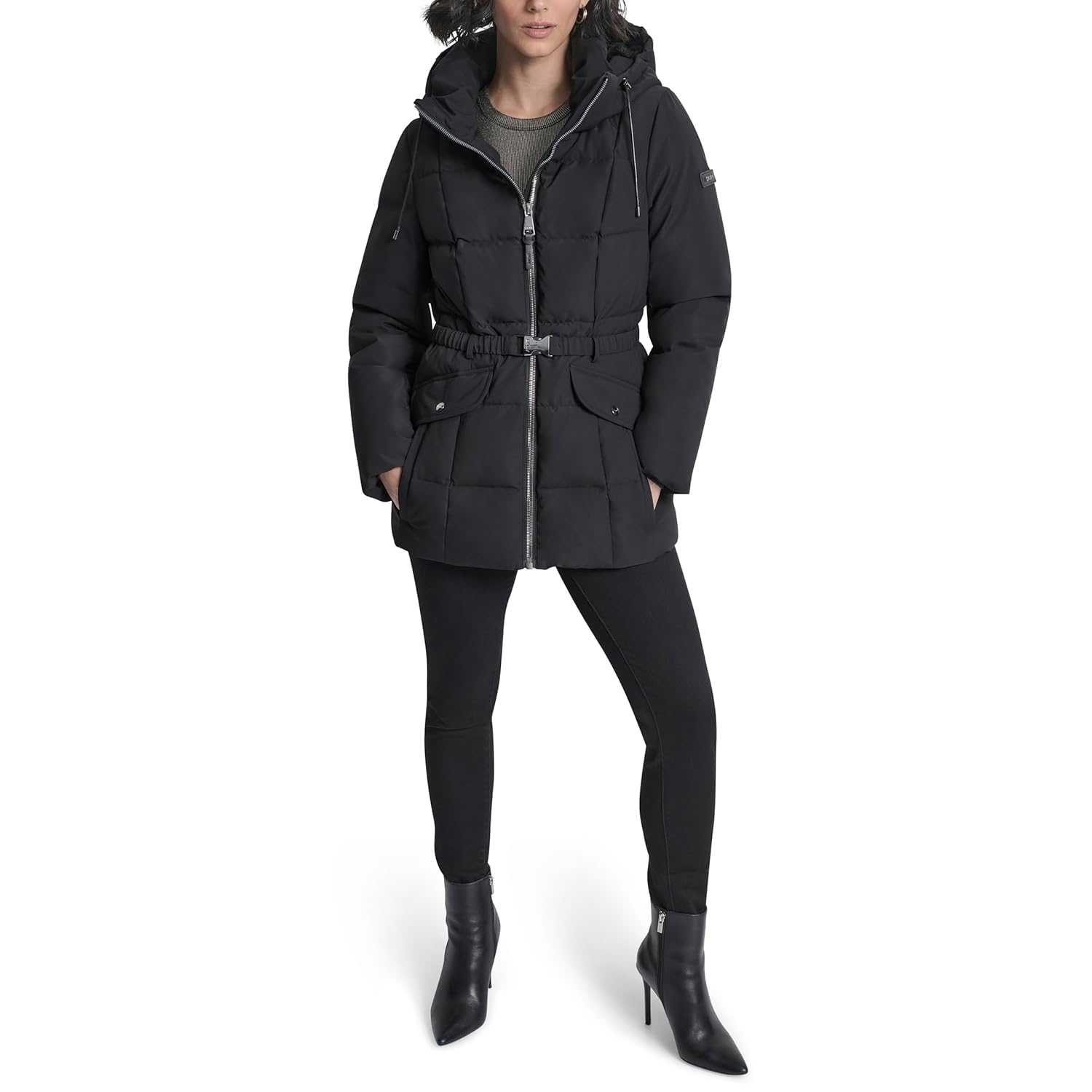 DKNY womens Short Hooded Puffer Jacket With Belt – Quilted Waist-defining Winter Coat - Image 9