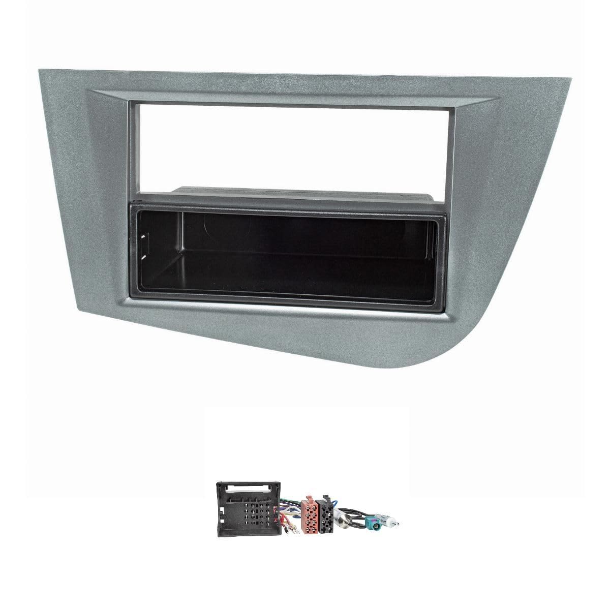 tomzz Audio 2449-012 Radioblende Set kompatibel mit Seat Leon 2 (1P) Bj.2005-2012 graumetallic mit Quadlockadapter ISO Fakra Antennenadapter Phantomeinspeisung DIN