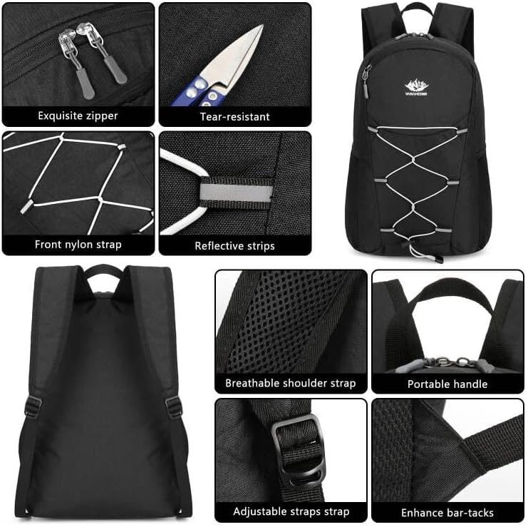 Miniatura 4 de Mochila de senderismo ligera de 15 litros plegable pequeña mochila de viaje mochila de camping plegable para mujeres y hombres, Negro -, Mochilas de